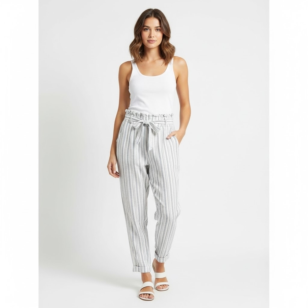 3/$20 Streetwear Society Linen Paperbag Pants High Waist Belted Baja Striped